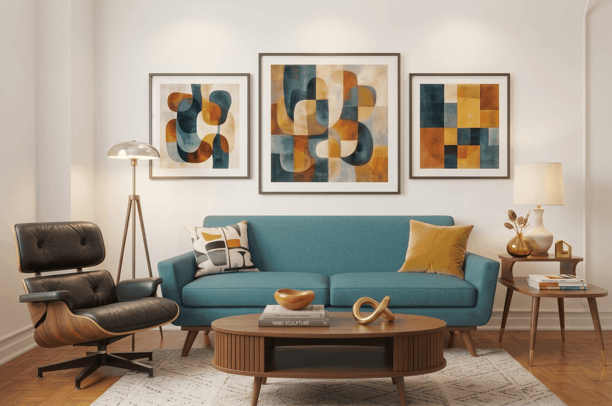 After: living room redesigned with coordinated furniture, decor accents, and warmer lighting