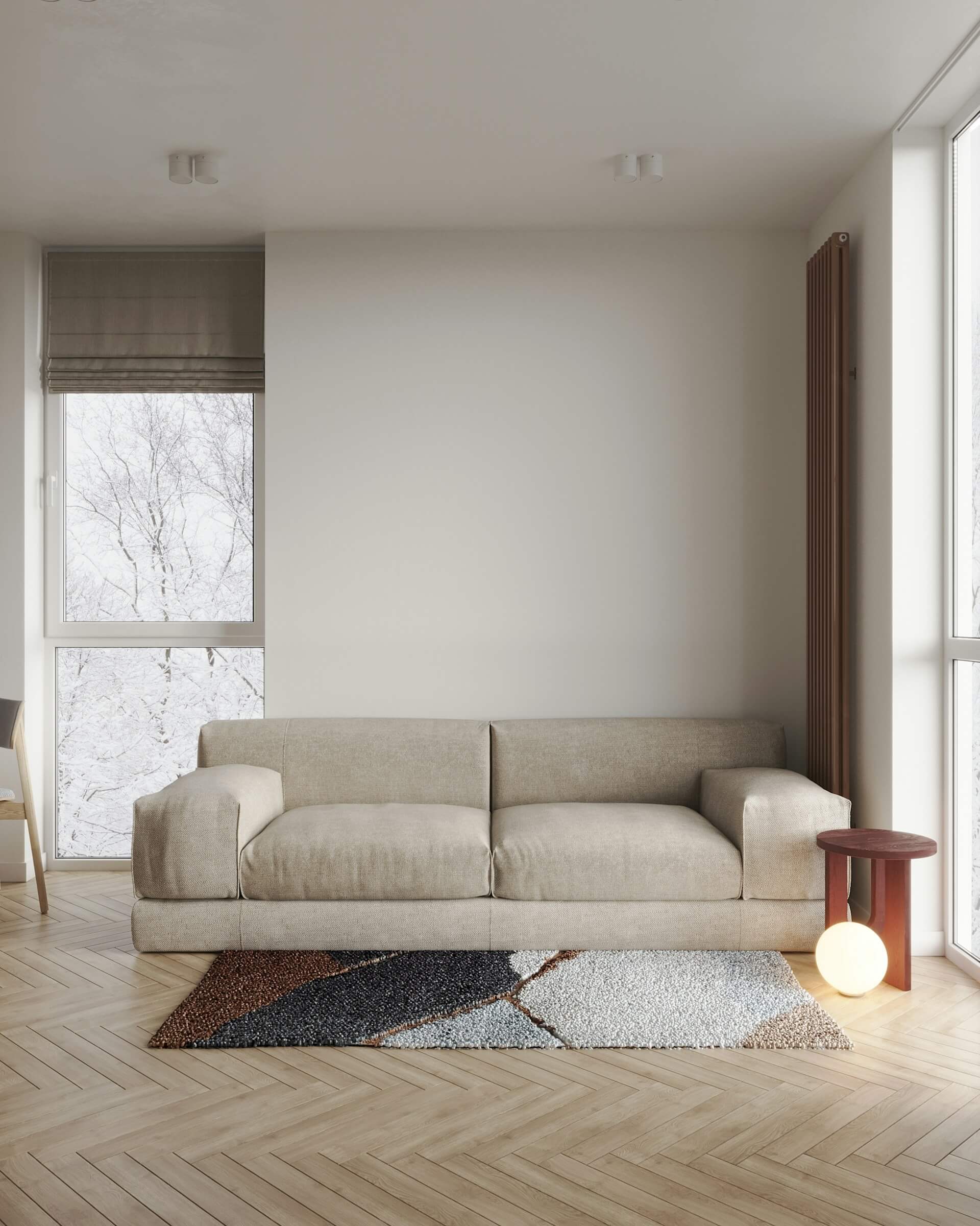Before: living room with neutral lighting and minimal decor